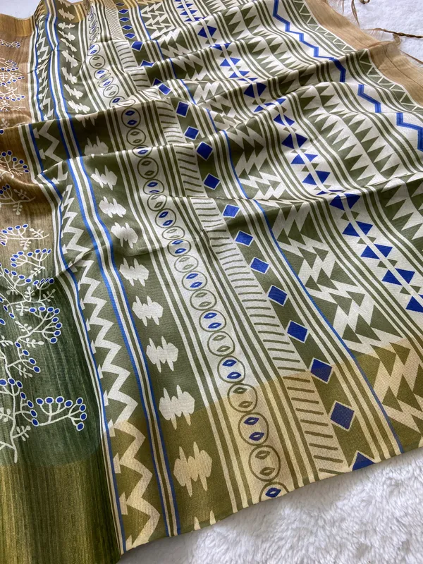 Lilavati_Green_–_Charming_Navratri_Special_|_Soft_Tussar_Silk_Saree_with_Print,_Border_&_Contrast_Print_Blouse_with_Tassels