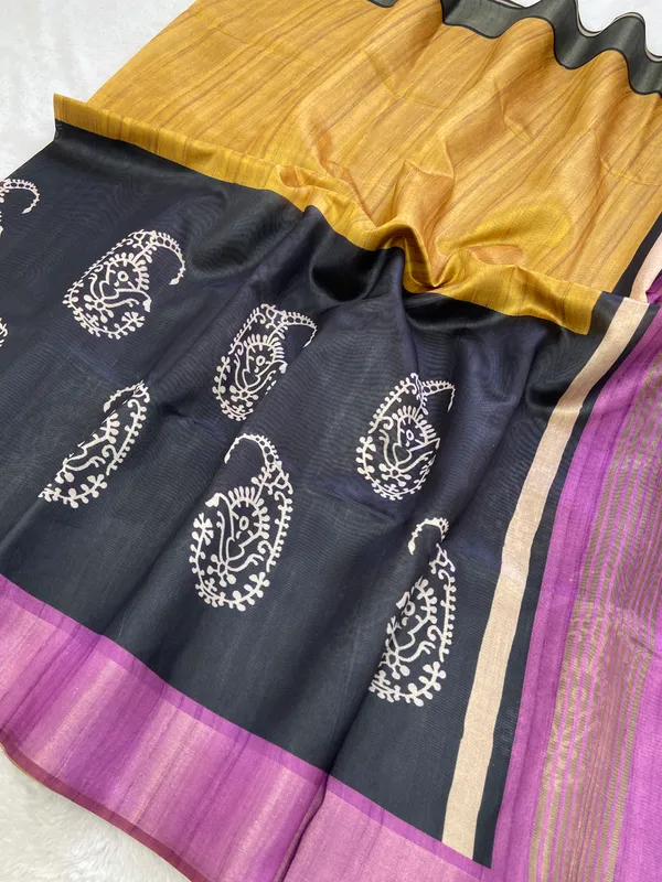 Chaitali_Yellow_–_Diwali_Special_|_Soft_Tussar_Silk_Saree_with_Print,_Border_&_Contrast_Print_Blouse_with_Tassels