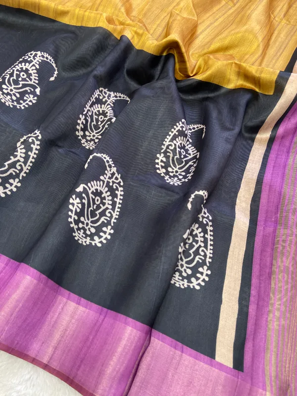 Chaitali_Yellow_–_Diwali_Special_|_Soft_Tussar_Silk_Saree_with_Print,_Border_&_Contrast_Print_Blouse_with_Tassels