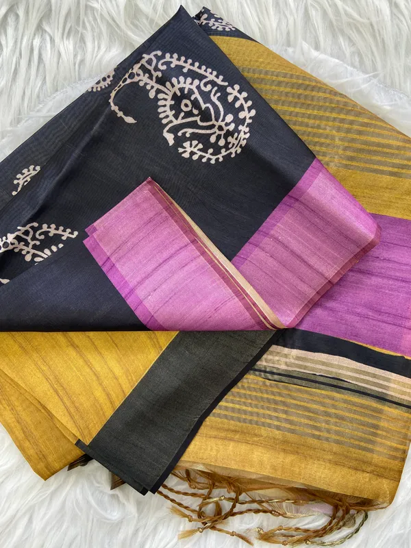 Chaitali_Yellow_–_Diwali_Special_|_Soft_Tussar_Silk_Saree_with_Print,_Border_&_Contrast_Print_Blouse_with_Tassels
