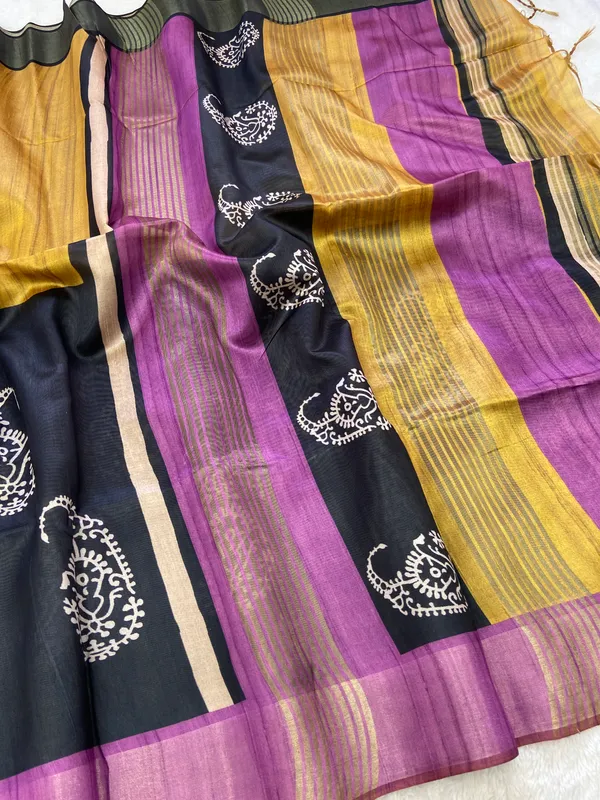 Chaitali_Yellow_–_Diwali_Special_|_Soft_Tussar_Silk_Saree_with_Print,_Border_&_Contrast_Print_Blouse_with_Tassels