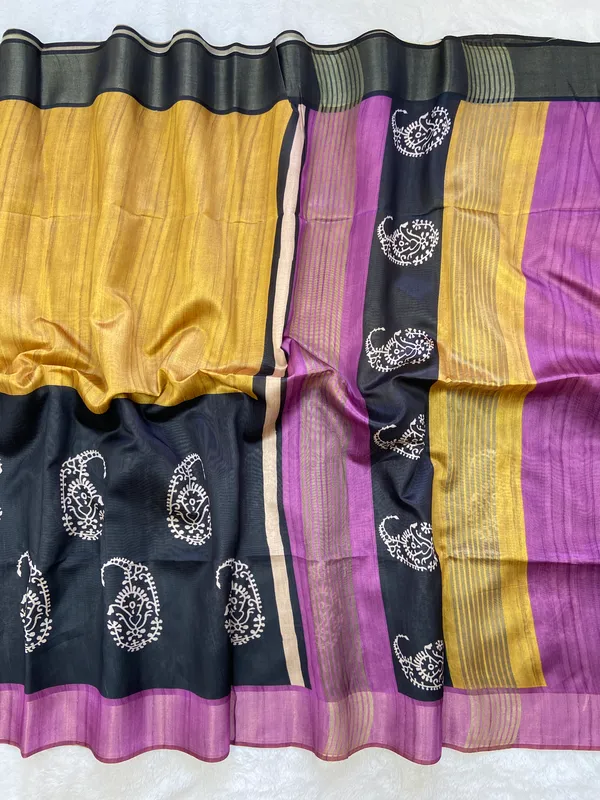 Chaitali_Yellow_–_Diwali_Special_|_Soft_Tussar_Silk_Saree_with_Print,_Border_&_Contrast_Print_Blouse_with_Tassels