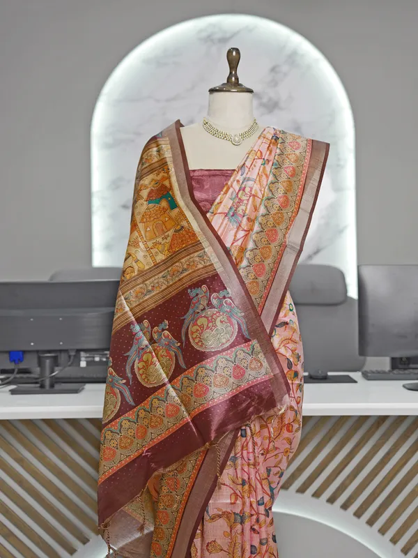 Soft_Tussar_Silk_sarees_with_Beautiful_Digital_Print_With_Attractive_Border_And_Contrast_Print_Blouse_With_Tassels