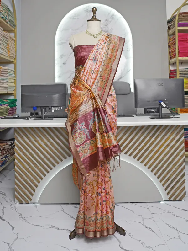 Soft_Tussar_Silk_sarees_with_Beautiful_Digital_Print_With_Attractive_Border_And_Contrast_Print_Blouse_With_Tassels