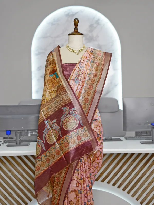 Soft_Tussar_Silk_sarees_with_Beautiful_Digital_Print_With_Attractive_Border_And_Contrast_Print_Blouse_With_Tassels