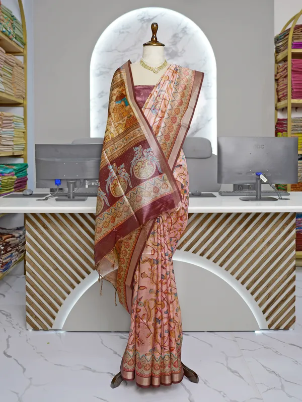 Soft_Tussar_Silk_sarees_with_Beautiful_Digital_Print_With_Attractive_Border_And_Contrast_Print_Blouse_With_Tassels