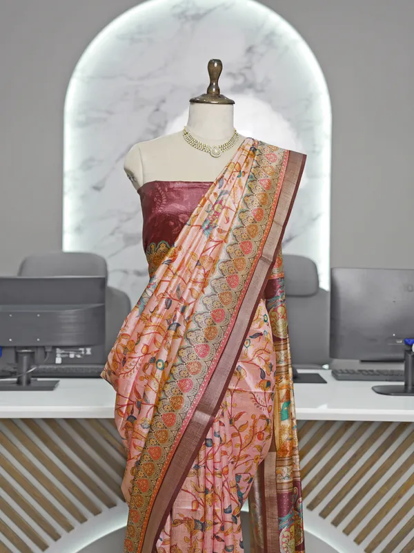 Soft_Tussar_Silk_sarees_with_Beautiful_Digital_Print_With_Attractive_Border_And_Contrast_Print_Blouse_With_Tassels