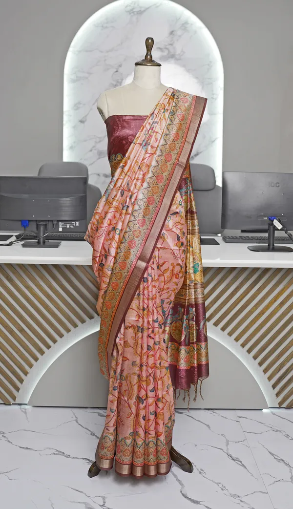 Soft_Tussar_Silk_sarees_with_Beautiful_Digital_Print_With_Attractive_Border_And_Contrast_Print_Blouse_With_Tassels