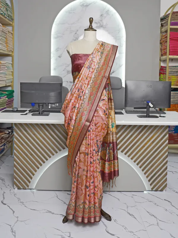 Soft_Tussar_Silk_sarees_with_Beautiful_Digital_Print_With_Attractive_Border_And_Contrast_Print_Blouse_With_Tassels