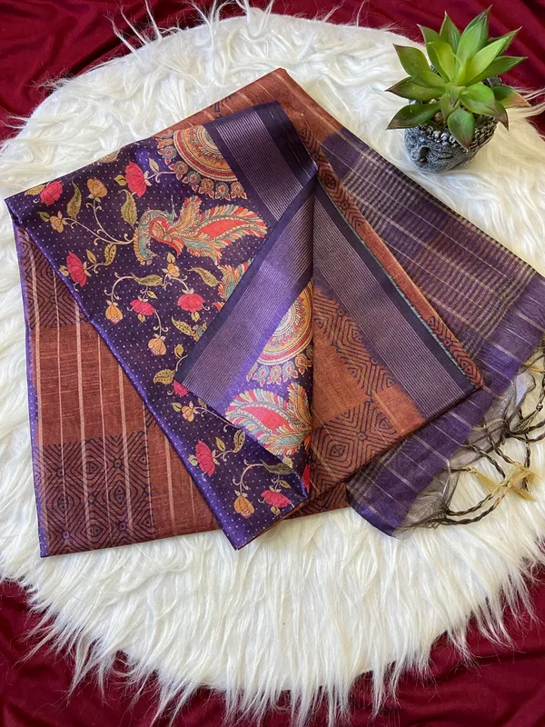Soft_Semi_Tussar_Silk_sarees_with_Beautiful_Digital_Print_With_Attractive_Border_And_Contrast_Print_Blouse_With_Tassels