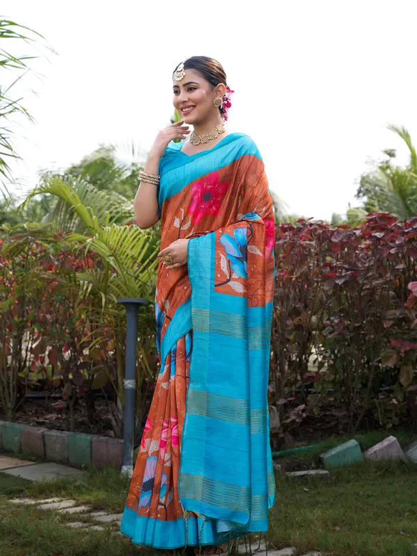 Yukti_Coffee_Brown_–_Aesthetic_Edit_for_You_|_Soft_Tussar_Silk_Saree_with_Print,_Border_&_Contrast_Print_Blouse_with_Tassels