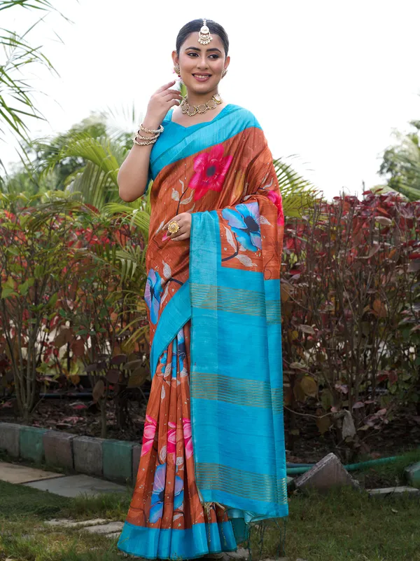 Yukti_Coffee_Brown_–_Aesthetic_Edit_for_You_|_Soft_Tussar_Silk_Saree_with_Print,_Border_&_Contrast_Print_Blouse_with_Tassels