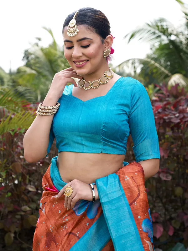 Yukti_Coffee_Brown_–_Aesthetic_Edit_for_You_|_Soft_Tussar_Silk_Saree_with_Print,_Border_&_Contrast_Print_Blouse_with_Tassels