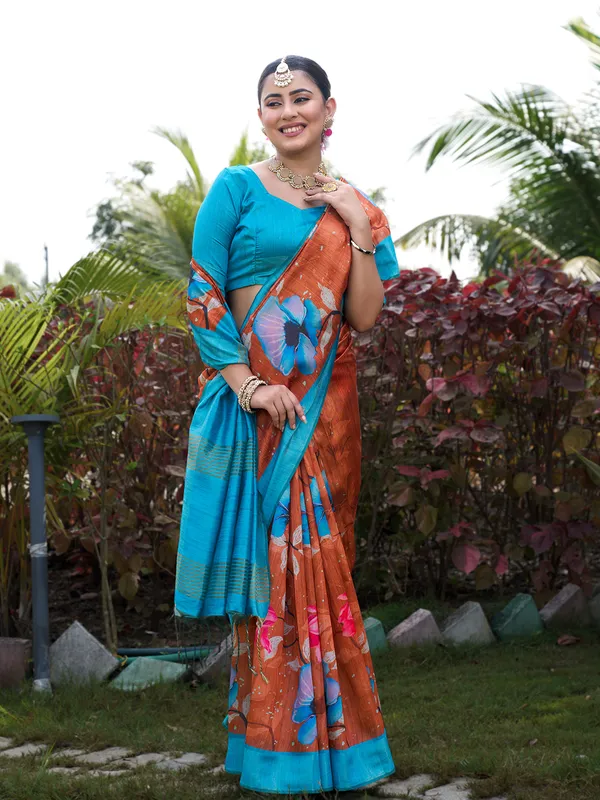 Yukti_Coffee_Brown_–_Aesthetic_Edit_for_You_|_Soft_Tussar_Silk_Saree_with_Print,_Border_&_Contrast_Print_Blouse_with_Tassels