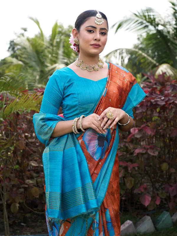 Yukti_Coffee_Brown_–_Aesthetic_Edit_for_You_|_Soft_Tussar_Silk_Saree_with_Print,_Border_&_Contrast_Print_Blouse_with_Tassels