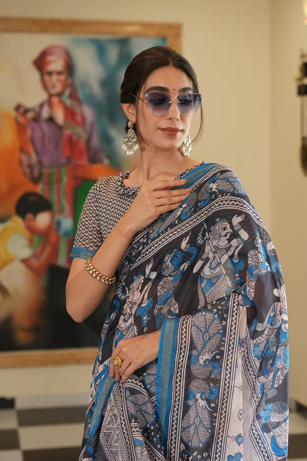 Radha_Rani_Rama_Green_–_Zari_Line_Aesthetic_Edit_for_You_|_Soft_Chanderi_Cotton_Saree_with_Digital_Print,_Zari_Line_Saree_&_Digital_Print_Blouse