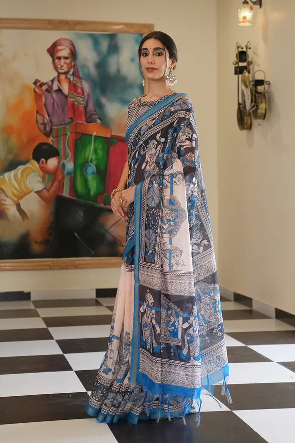 Radha_Rani_Rama_Green_–_Zari_Line_Aesthetic_Edit_for_You_|_Soft_Chanderi_Cotton_Saree_with_Digital_Print,_Zari_Line_Saree_&_Digital_Print_Blouse