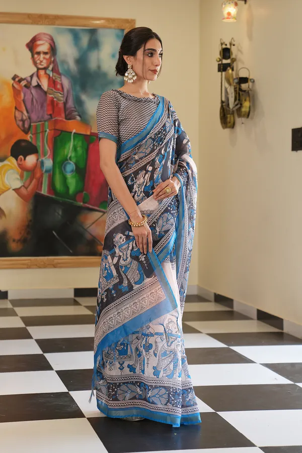 Radha_Rani_Rama_Green_–_Zari_Line_Aesthetic_Edit_for_You_|_Soft_Chanderi_Cotton_Saree_with_Digital_Print,_Zari_Line_Saree_&_Digital_Print_Blouse