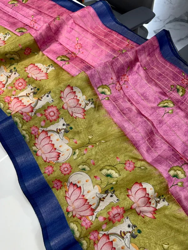 Soft_Semi_Tussar_Silk_sarees_with_Beautiful_Digital_Print_With_Attractive_Border_And_Contrast_Print_Blouse_With_Tassels