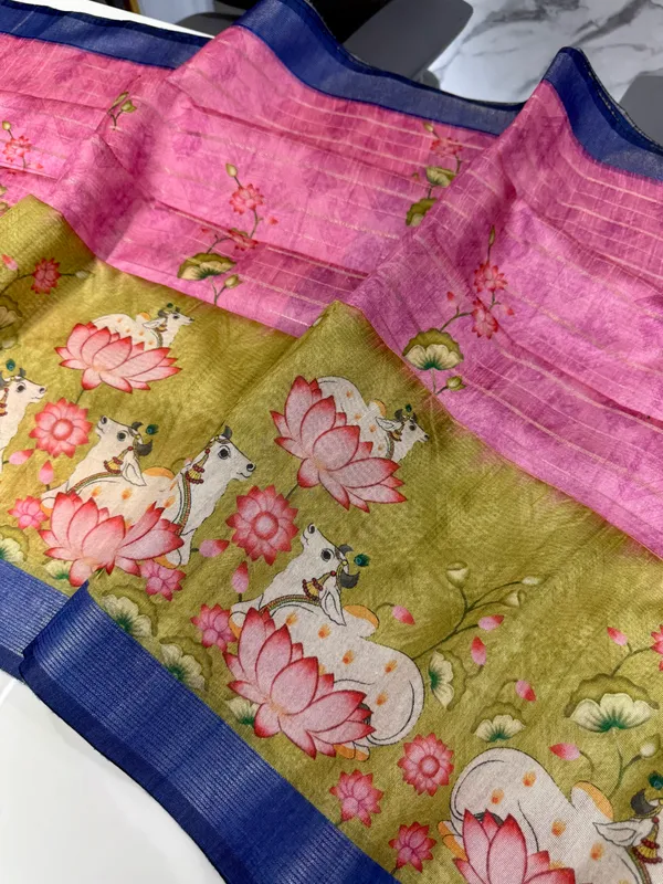 Soft_Semi_Tussar_Silk_sarees_with_Beautiful_Digital_Print_With_Attractive_Border_And_Contrast_Print_Blouse_With_Tassels