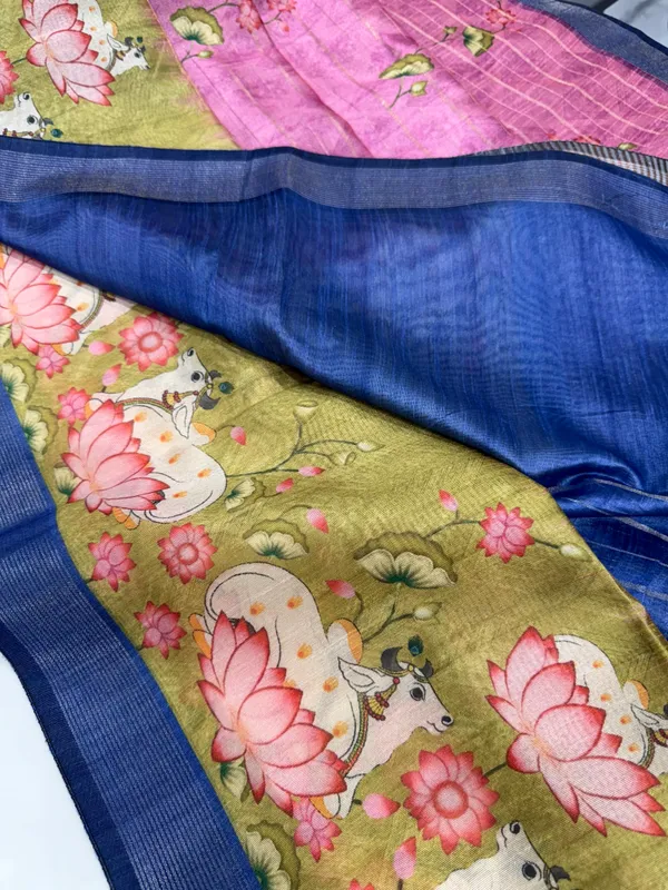 Soft_Semi_Tussar_Silk_sarees_with_Beautiful_Digital_Print_With_Attractive_Border_And_Contrast_Print_Blouse_With_Tassels