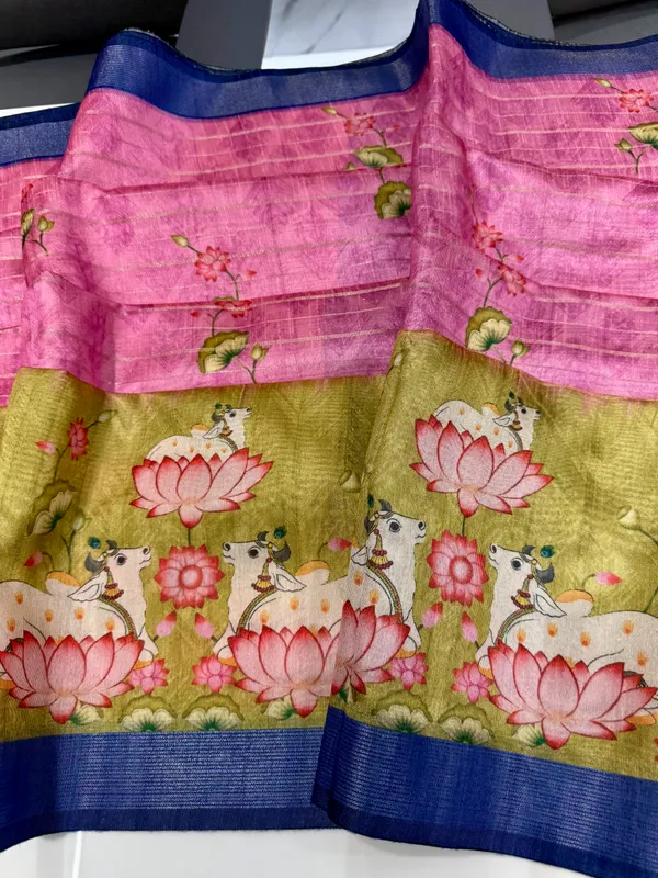 Soft_Semi_Tussar_Silk_sarees_with_Beautiful_Digital_Print_With_Attractive_Border_And_Contrast_Print_Blouse_With_Tassels
