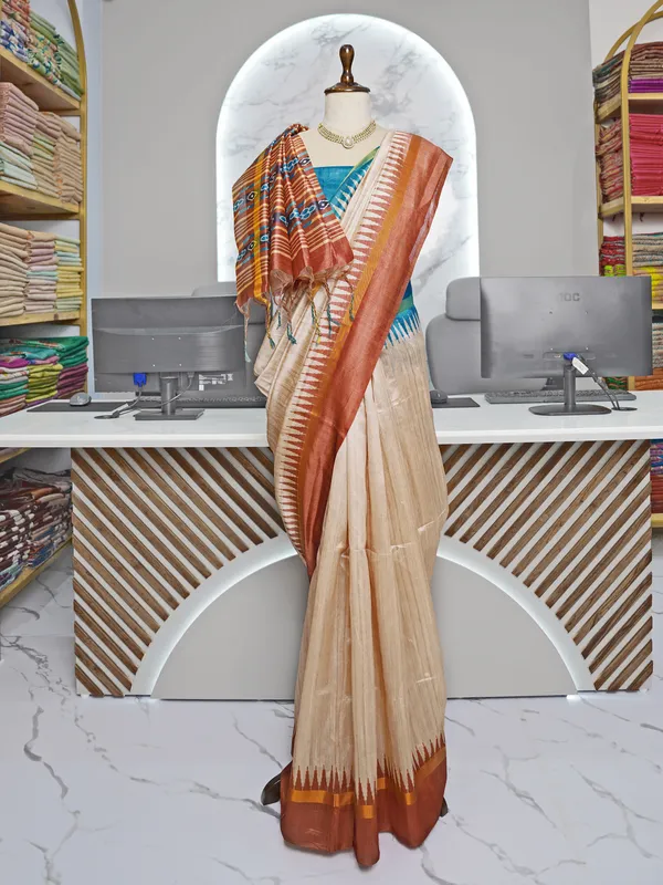 Soft_Tussar_Silk_sarees_with_Beautiful_Digital_Print_With_Attractive_Border_And_Contrast_Print_Blouse_With_Tassels