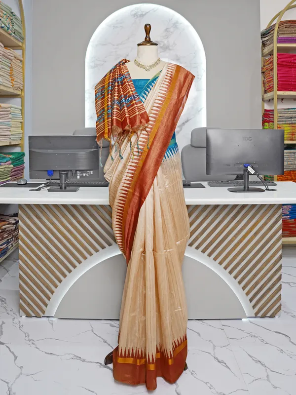 Soft_Tussar_Silk_sarees_with_Beautiful_Digital_Print_With_Attractive_Border_And_Contrast_Print_Blouse_With_Tassels