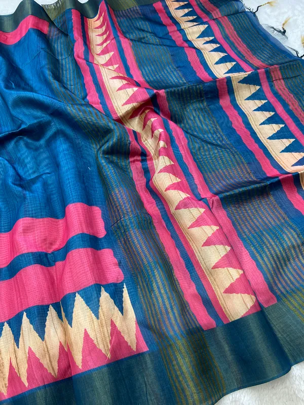 Libni_Blue_–_Navratri_Special_|_Soft_Tussar_Silk_Saree_with_Print,_Border_&_Contrast_Print_Blouse_with_Tassels