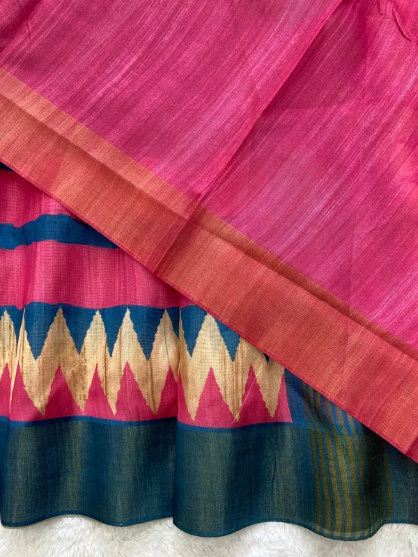 Libni_Blue_–_Navratri_Special_|_Soft_Tussar_Silk_Saree_with_Print,_Border_&_Contrast_Print_Blouse_with_Tassels