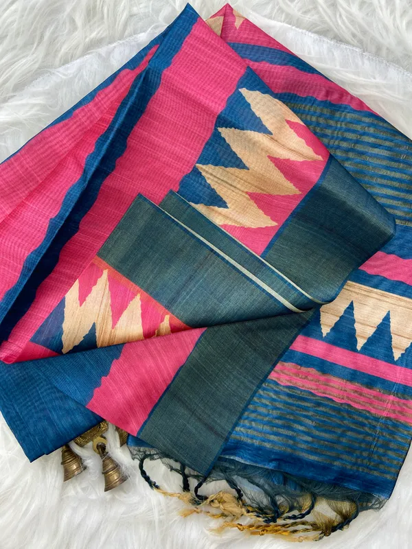 Libni_Blue_–_Navratri_Special_|_Soft_Tussar_Silk_Saree_with_Print,_Border_&_Contrast_Print_Blouse_with_Tassels