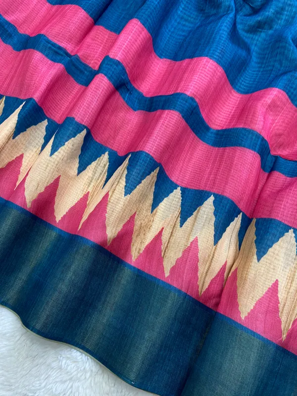 Libni_Blue_–_Navratri_Special_|_Soft_Tussar_Silk_Saree_with_Print,_Border_&_Contrast_Print_Blouse_with_Tassels