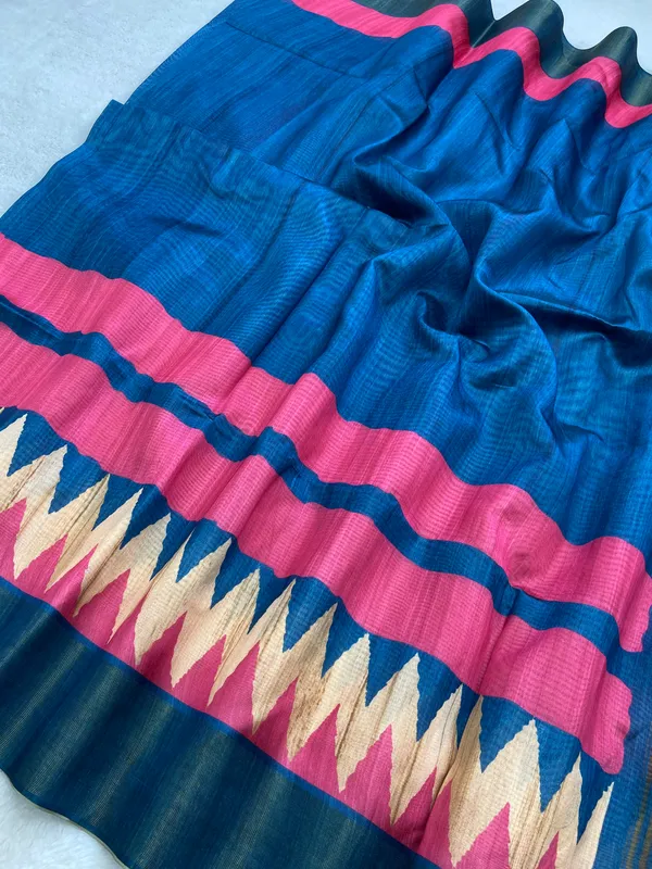 Libni_Blue_–_Navratri_Special_|_Soft_Tussar_Silk_Saree_with_Print,_Border_&_Contrast_Print_Blouse_with_Tassels