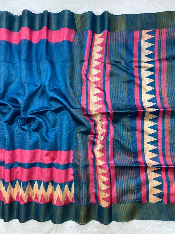 Libni_Blue_–_Navratri_Special_|_Soft_Tussar_Silk_Saree_with_Print,_Border_&_Contrast_Print_Blouse_with_Tassels