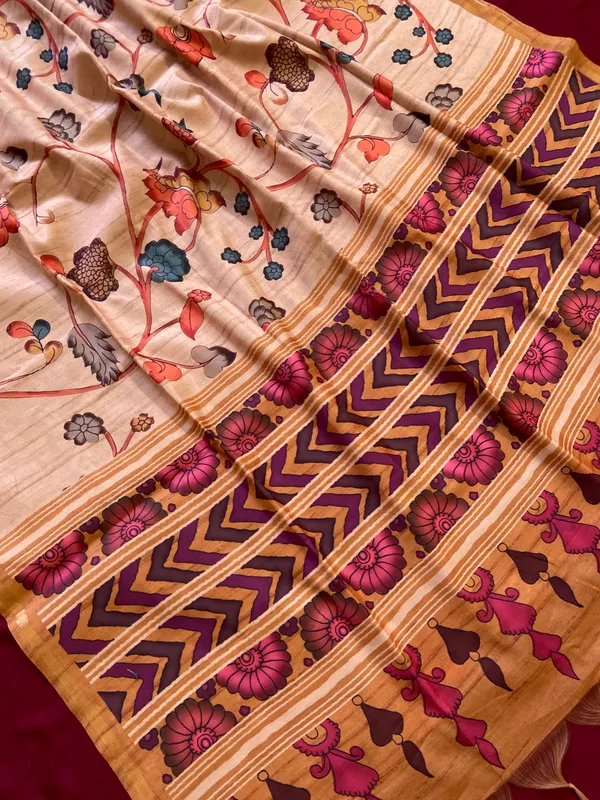 Soft_Tussar_Silk_sarees_with_Beautiful_Digital_Print_With_Attractive_Border_And_Contrast_Print_Blouse_With_Tassels