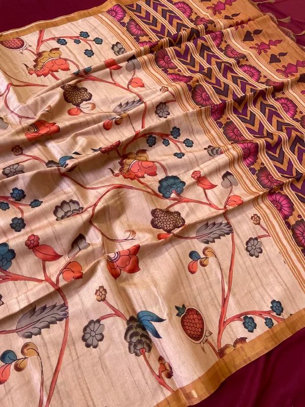 Soft_Tussar_Silk_sarees_with_Beautiful_Digital_Print_With_Attractive_Border_And_Contrast_Print_Blouse_With_Tassels