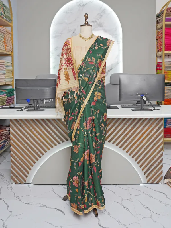 Soft_Tussar_Silk_sarees_with_Beautiful_Digital_Print_With_Attractive_Border_And_Contrast_Print_Blouse_With_Tassels