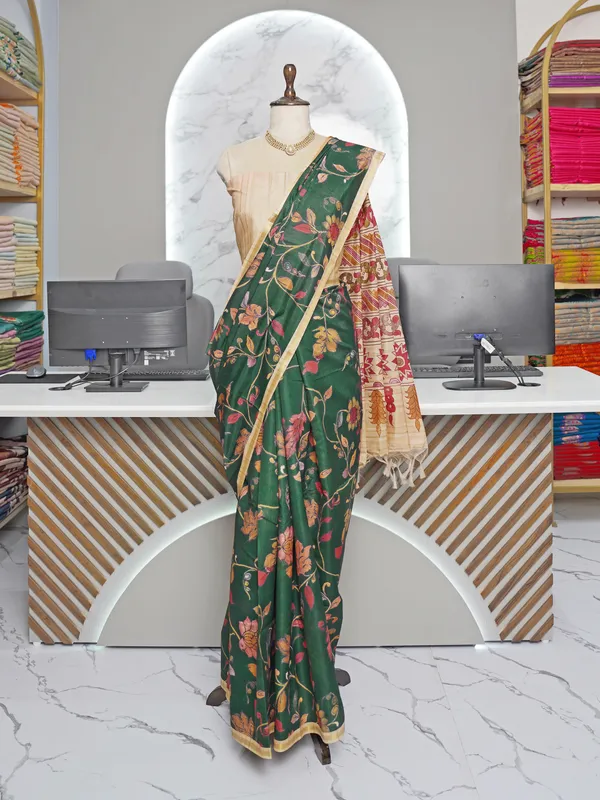 Soft_Tussar_Silk_sarees_with_Beautiful_Digital_Print_With_Attractive_Border_And_Contrast_Print_Blouse_With_Tassels
