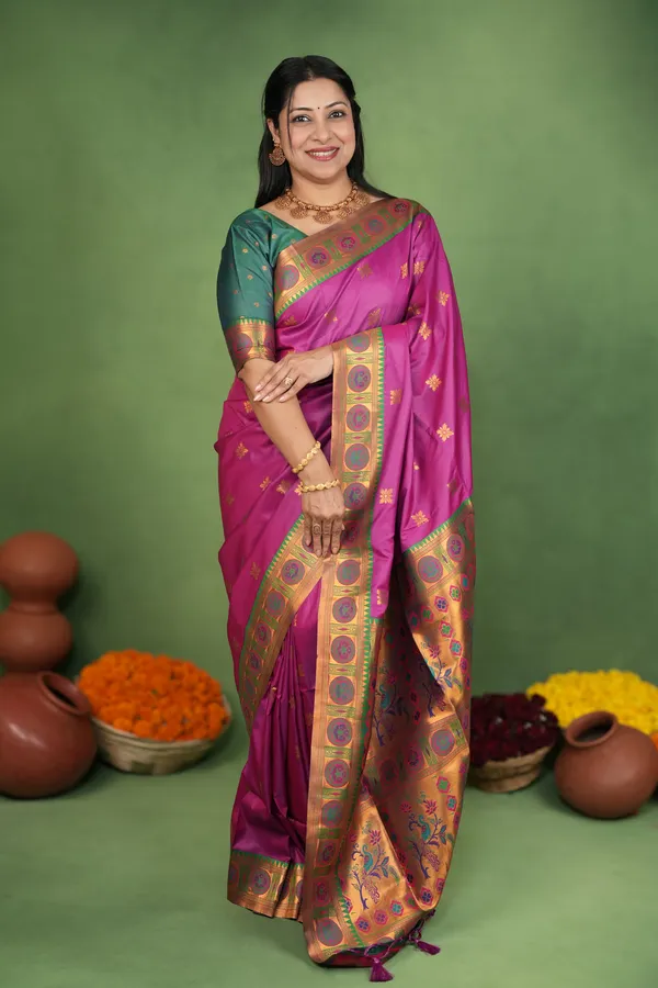 Premium_Soft_Paithani_Silk_sarees_With_Beautiful_Weaving_Pattern_With_Attractive_Rich_Pallu_And_Border_And_Weaving_Blouse_With_Tassels