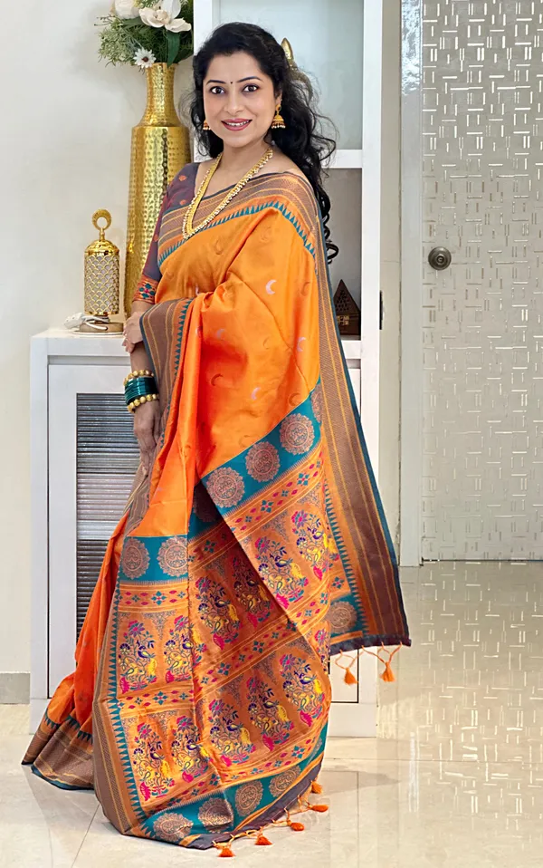 Rajeshri_Orange_–_Royal_Wedding_Special_|_Premium_Soft_Paithani_Silk_Saree_with_Weaving_Pattern,_Rich_Pallu_&_Border_&_Weaving_Blouse_with_Tassels