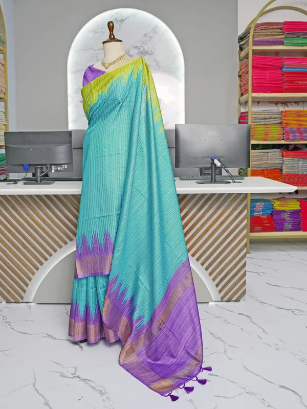 Soft_Tussar_Silk_sarees_with_Beautiful_Digital_Print_With_Attractive_Checks_Design_Saree_And_Digital_Print_Blouse_With_Tassels