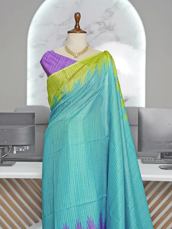 Soft_Tussar_Silk_sarees_with_Beautiful_Digital_Print_With_Attractive_Checks_Design_Saree_And_Digital_Print_Blouse_With_Tassels