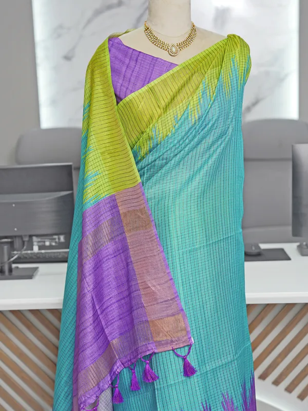 Soft_Tussar_Silk_sarees_with_Beautiful_Digital_Print_With_Attractive_Checks_Design_Saree_And_Digital_Print_Blouse_With_Tassels
