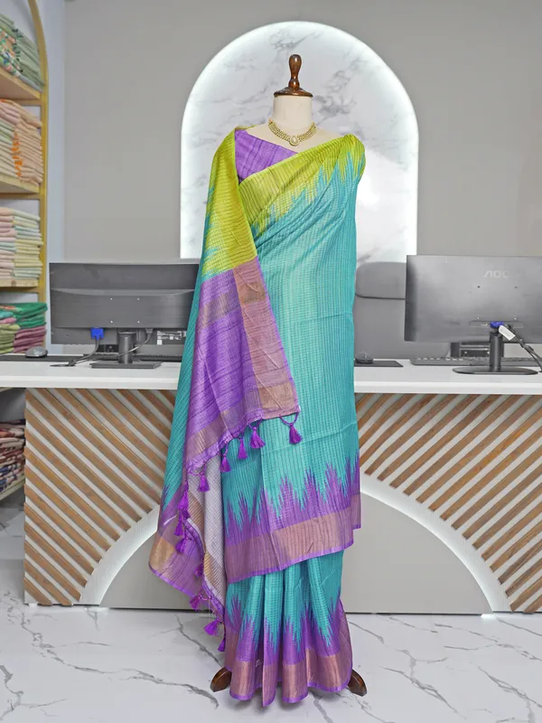 Soft_Tussar_Silk_sarees_with_Beautiful_Digital_Print_With_Attractive_Checks_Design_Saree_And_Digital_Print_Blouse_With_Tassels