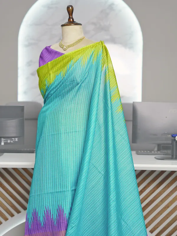 Soft_Tussar_Silk_sarees_with_Beautiful_Digital_Print_With_Attractive_Checks_Design_Saree_And_Digital_Print_Blouse_With_Tassels