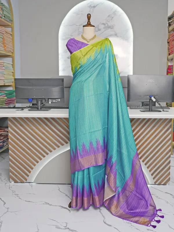 Soft_Tussar_Silk_sarees_with_Beautiful_Digital_Print_With_Attractive_Checks_Design_Saree_And_Digital_Print_Blouse_With_Tassels