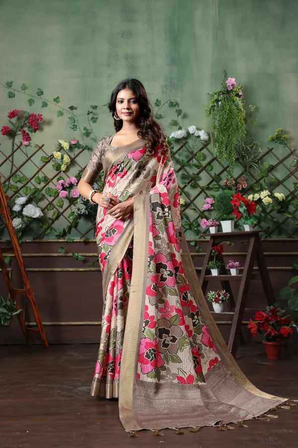 Soft_Tussar_Silk_sarees_with_Beautiful_Digital_Print_With_Attractive_Border_And_Contrast_Print_Blouse_With_Tassels