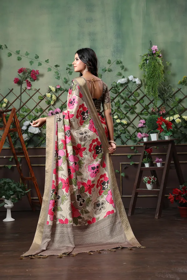 Soft_Tussar_Silk_sarees_with_Beautiful_Digital_Print_With_Attractive_Border_And_Contrast_Print_Blouse_With_Tassels