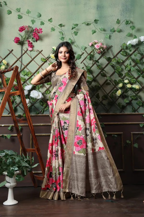 Soft_Tussar_Silk_sarees_with_Beautiful_Digital_Print_With_Attractive_Border_And_Contrast_Print_Blouse_With_Tassels
