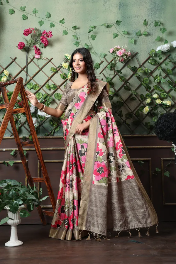 Soft_Tussar_Silk_sarees_with_Beautiful_Digital_Print_With_Attractive_Border_And_Contrast_Print_Blouse_With_Tassels